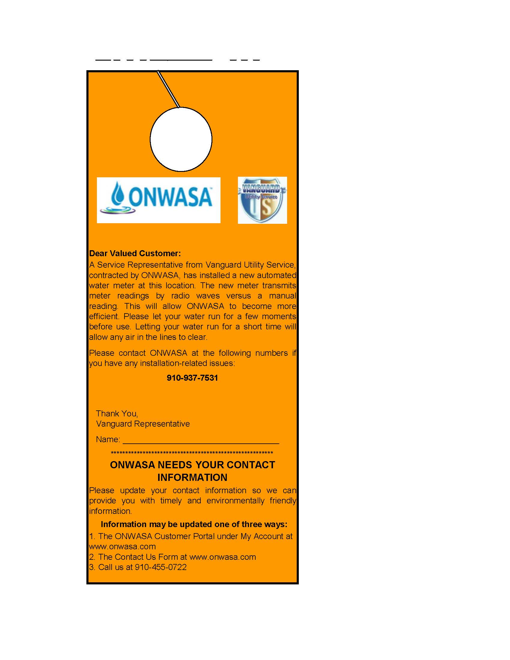 ONWASA Door Hanger